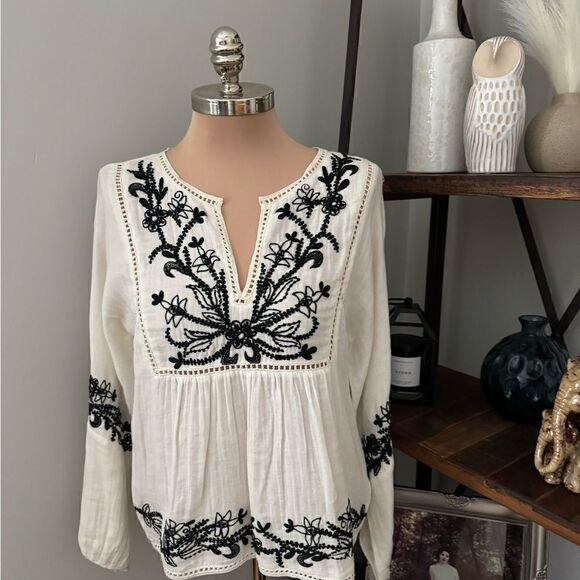 MISA Stella Ivory Black Embroidered Cotton Boho Gauze Blouse Top Women’s SIZE SM - Picture 2 of 10